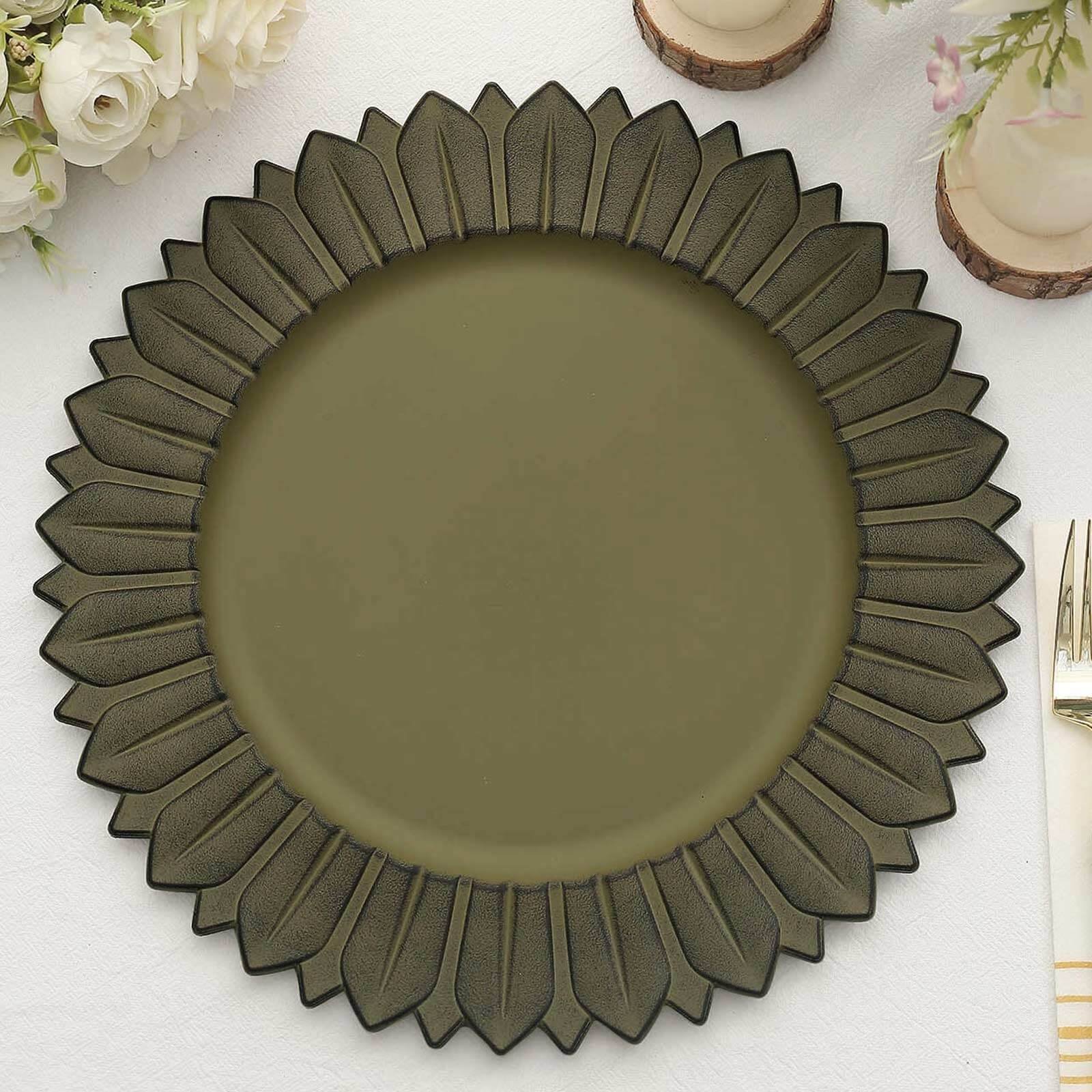 6-Pack Plastic Charger Plates 13" Round Olive Green with Sunflower Rim - Matte Finish Disposable Dinner Charger Tableware