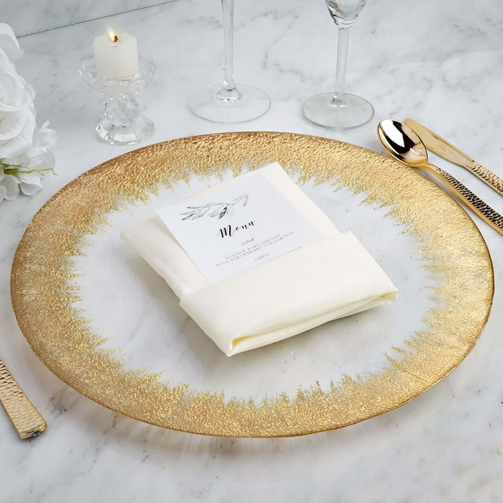 8-Pack Glass Charger Plates 13" Clear with Gold Spray Rim, Round Metallic Gold Dinner Charger Tableware