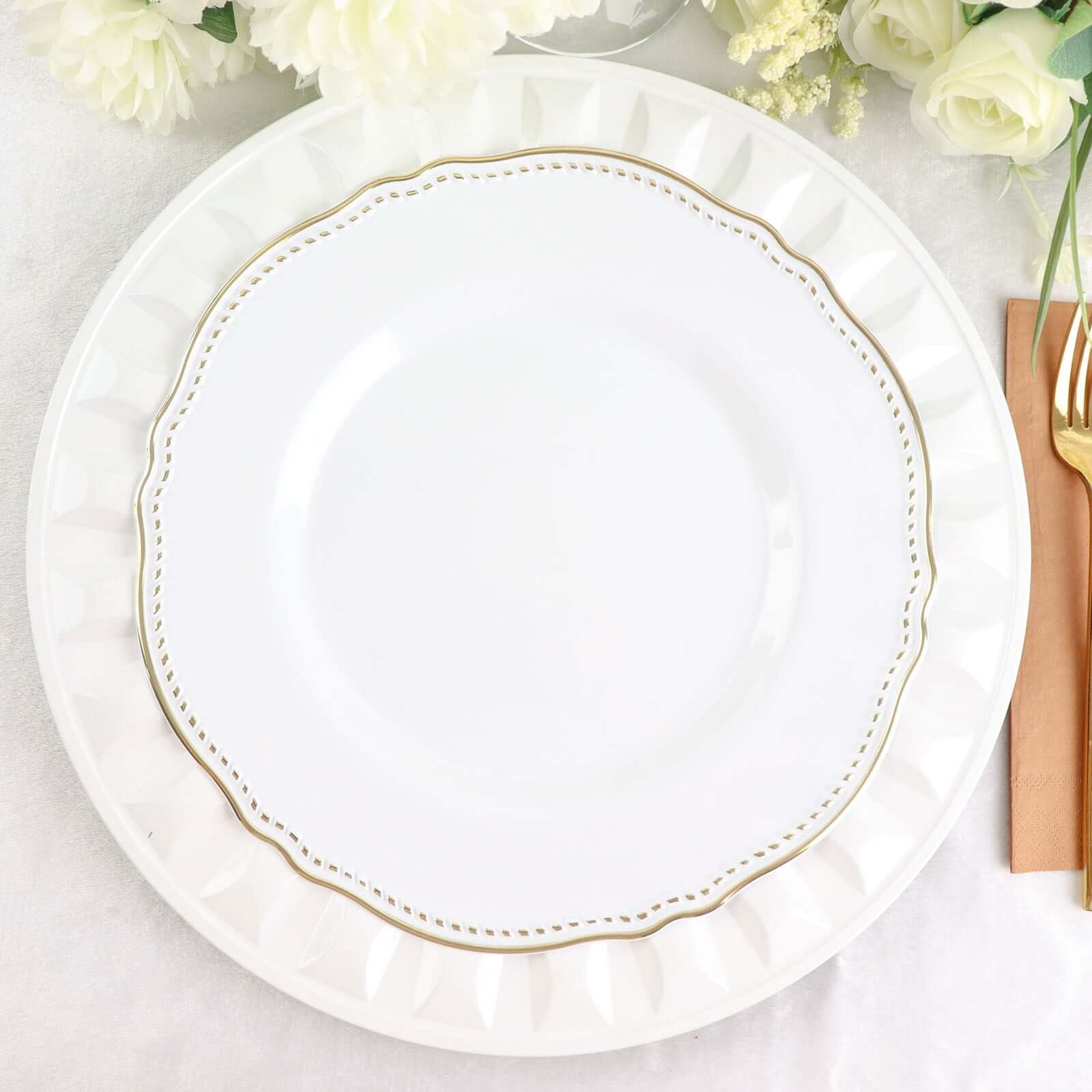 Alternative view of 6-Pack Plastic Charger Plates 13" Round White Bejeweled Rim - Luxe Decorative Dinner Party Charger Tableware